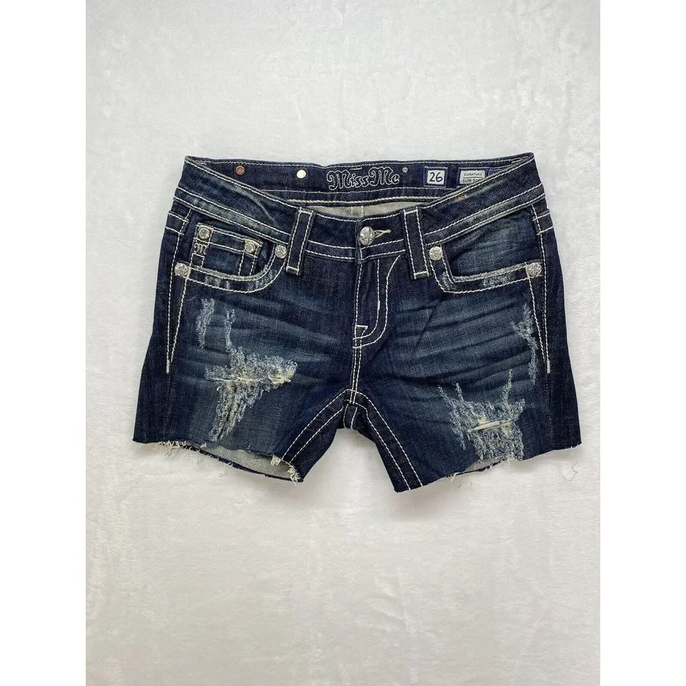 New Miss Me Jeans Womens Size 26 cut‎ off dark blue Denim distressed jorts